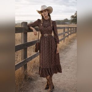 £165 Smocked Waist Long-Sleeve Floral Midi Dress - Brown
